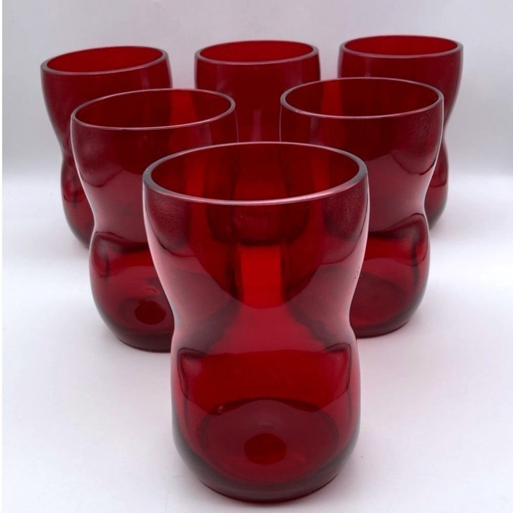 Set Of 6 MCM Morgantown Kentwood Ruby Red Tumblers Pinched Dimples Blenko Style